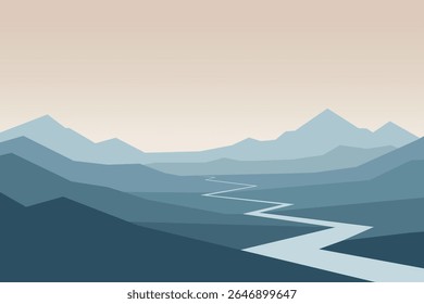 Sereno paisagem de montanha minimalista: tons abstratos de azul e bege, caminho sinuoso do rio, clima tranquilo, cena pacífica da natureza, ilustração vetorial.