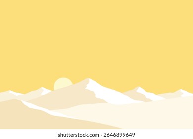 Paisagem serena de montanha minimalista: pôr do sol amarelo pastel, picos de creme macio, humor pacífico, estilo abstrato, ilustração de fundo da natureza.