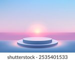 A serene minimalist scene with a 3D blue podium against a twilight sky. Glowing sunlight from below creates a tranquil atmosphere, for nature product displays, mockups, and showroom showcases