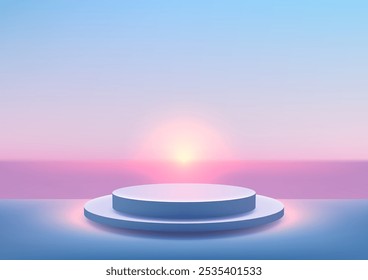 A serene minimalist scene with a 3D blue podium against a twilight sky. Glowing sunlight from below creates a tranquil atmosphere, for nature product displays, mockups, and showroom showcases