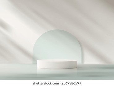 Serene minimalist scene featuring a white cylindrical podium against a soft blue arched backdrop. Product displays, mockups, showrooms, and artistic presentations