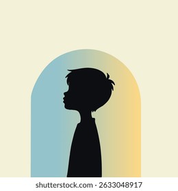 A serene, minimalist silhouette illustration of a young boy in profile, framed by a rounded arch against a soft gradient of sunset hues. This peaceful design captures a sense of wonder.