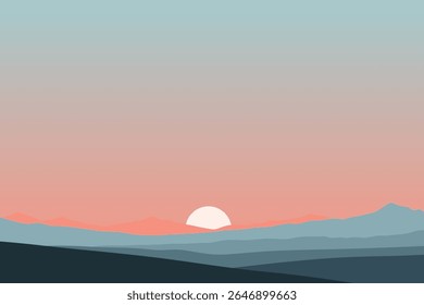 Sereno paisagem minimalista do pôr do sol: montanhas pastel e céu calmo, humor pacífico e tranquilo, ilustração vetorial abstrata.
