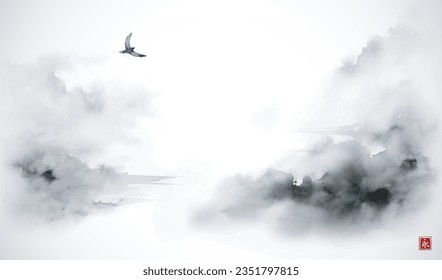 Serene misty landscape with river, forest trees and bird in the sky. Traditional oriental ink painting sumi-e, u-sin, go-hua. Translation of hieroglyph - eternity