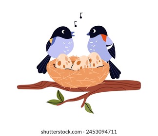 A serene moment in nature: Vector illustration of two birds serenading beside their eggs in a nest, encapsulating the essence of parental care.