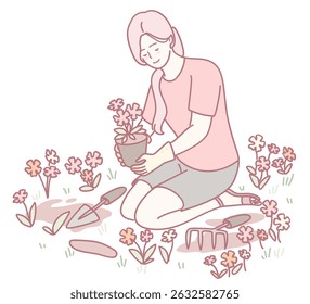 A serene moment of a person planting vibrant flowers in a lush garden, showcasing the joy of gardening