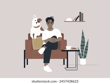 Serene Moments With a Faithful Companion in a Cozy Corner, A person relaxes on a sofa, cradling a knee, with a loyal dog by their side