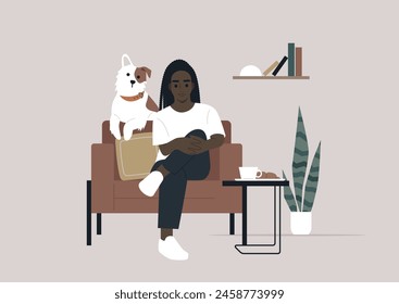 Serene Moments With a Faithful Companion in a Cozy Corner, A person relaxes on a sofa, cradling a knee, with a loyal dog by their side