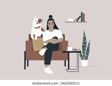 Serene Moments With a Faithful Companion in a Cozy Corner, A person relaxes on a sofa, cradling a knee, with a loyal dog by their side