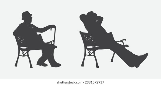 Serene Moments, Silhouettes of Mature Man Finding Solace on a Rustic Wooden Bench