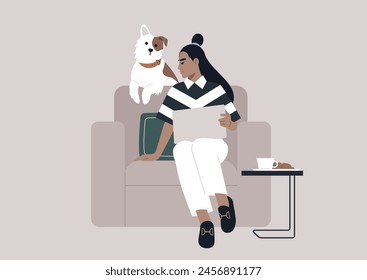 Serene Moments With Spotted Companion, A person is absorbed in work beside a white and brown dog perched on an armchair