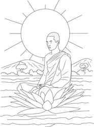 Serene Monk Meditating on Lotus Flower. Black and white line art illustration for peace, mindfulness, and spiritual well-being.