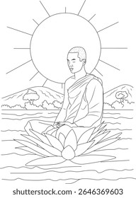 Serene Monk Meditating on Lotus Flower. Black and white line art illustration for peace, mindfulness, and spiritual well-being.