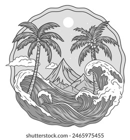 Serene monochrome illustration capturing the essence of a tropical beach with palm trees, rolling waves, and a picturesque mountain landscape under a calm sky.