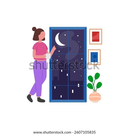 Serene Moon Observation Moment Flat Vector Illustration