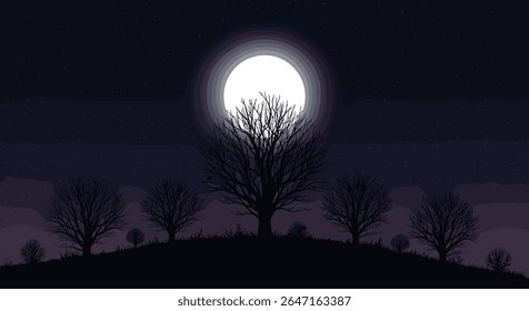 Serene Moonlight Forest Under Starry Night Sky