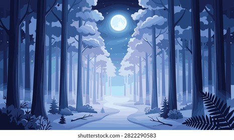 Serene moonlit forest landscape with snowy ground, winding path, tall trees, glowing horizon, tranquil atmosphere, starry sky, and peaceful natural scenery
