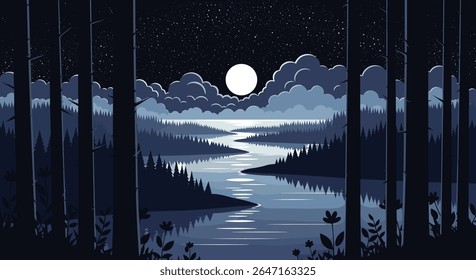 Serene Moonlit Forest River Paisagem