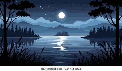Lago Sereno Moonlit com Floresta e Montanhas
