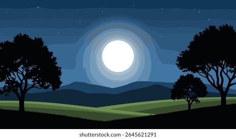 Sereno paisagem noturna iluminada pela lua com árvores silhuetadas e colinas rolantes
