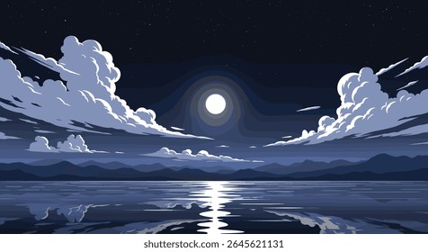 Serene Moonlit Night Over Calm Water Reflection Landscape
