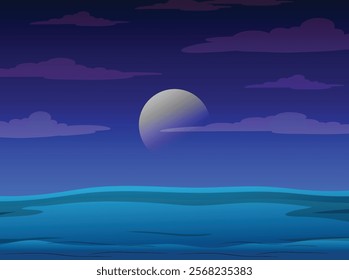 Serene Moonlit Ocean Scene Tranquil Night Sky with Clouds and Waves