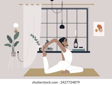 Serene Morning Yoga Flow, A young character practices the King Pigeon pose in a tranquil, stylish interior at dawn