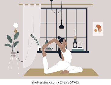 Serene Morning Yoga Flow, A young character practices the King Pigeon pose in a tranquil, stylish interior at dawn