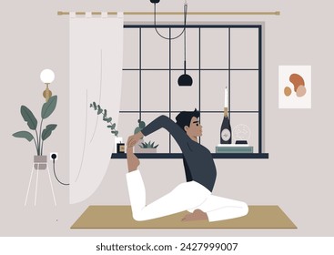Serene Morning Yoga Flow, A young character practices the King Pigeon pose in a tranquil, stylish interior at dawn
