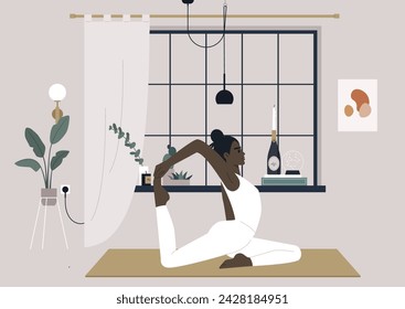 Serene Morning Yoga Flow, A young character practices the King Pigeon pose in a tranquil, stylish interior at dawn