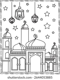 Mesquita Serena Ilustração Ramadã Design Islâmico. Página De Coloração De Mesquita Para Crianças E Adultos.