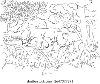 Serene Mãe e Bebê Rinoceronte descansando pacificamente em uma paisagem de selva exuberante. Ilustração vetorial de arte de linha em preto e branco ideal para livros de colorir de crianças ou projetos educacionais.