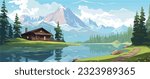 Serene Mountain Lake Cabin Amidst Lush Forest and Majestic Peaks. Landscape of mountain lake cabin amidst lush forest and majestic peaks.