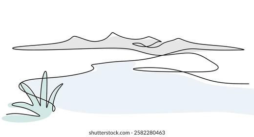 Serene mountain with a lake in continuous line drawing. Concept of wilderness, reflection, and untouched nature. Vector illustration hand drawn.