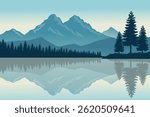 Serene Mountain Lake Reflection, Tranquil Wilderness Illustration, Scenic Nature Landscape of Pine Trees and Misty Mountains, Peaceful Outdoor Adventure.