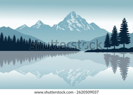 Serene Mountain Lake Reflection, Tranquil Wilderness Illustration, Scenic Nature Landscape of Pine Trees and Misty Mountains, Peaceful Outdoor Adventure.