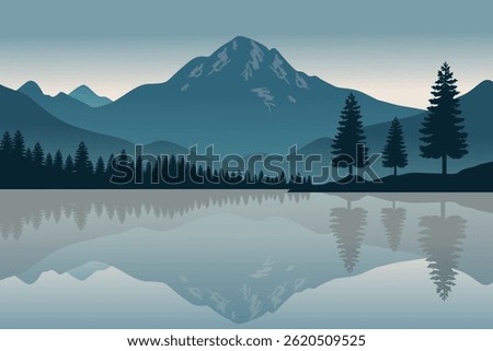 Serene Mountain Lake Reflection, Tranquil Wilderness Illustration, Scenic Nature Landscape of Pine Trees and Misty Mountains, Peaceful Outdoor Adventure.
