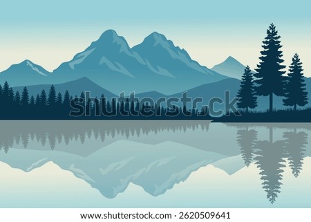 Serene Mountain Lake Reflection, Tranquil Wilderness Illustration, Scenic Nature Landscape of Pine Trees and Misty Mountains, Peaceful Outdoor Adventure.