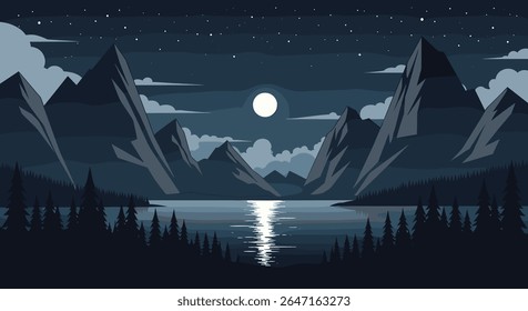 Serene Mountain Lake Under a Full Moon and Starry Sky