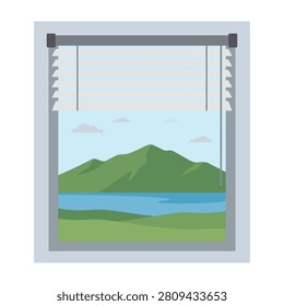 Serene mountain lake view from a window with green hills and blue water landscape
