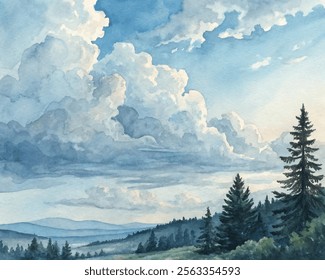 Serene mountain landscape with dramatic clouds, lush greenery, and a tranquil atmosphere captured in watercolor.