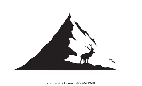 Serene mountain landscape featuring a silhouette of a deer against a dramatic, colorful sunset sky.