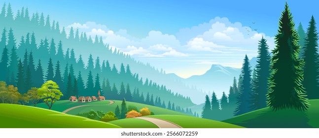 Serene Mountain Landscape with Forest and Village