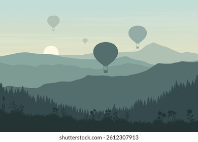 Serene Mountain Landscape with Hot Air Balloons at Sunset and Wildflower Silhouettes in the Foreground