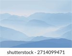 Serene mountain landscape with layers of blue mountains. Blue hues create a calming effect. Mountain peaks and blue tones evoke tranquility and peace. Winter illustration vector.