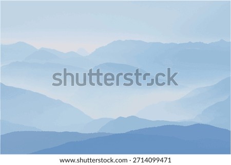 Serene mountain landscape with layers of blue mountains. Blue hues create a calming effect. Mountain peaks and blue tones evoke tranquility and peace. Winter illustration vector.