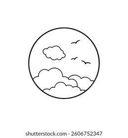 Serene Mountain Landscape Line Art Minimalist Nature Illustration, Peaceful Hills, Cloud Scenery, Simple Design, Circular Artwork