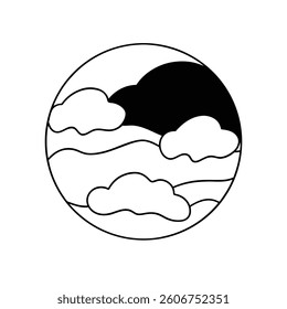 Serene Mountain Landscape Line Art Minimalist Nature Illustration, Peaceful Hills, Cloud Scenery, Simple Design, Circular Artwork