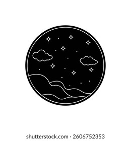 Serene Mountain Landscape Line Art Minimalist Nature Illustration, Peaceful Hills, Cloud Scenery, Simple Design, Circular Artwork