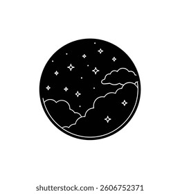 Serene Mountain Landscape Line Art Minimalist Nature Illustration, Peaceful Hills, Cloud Scenery, Simple Design, Circular Artwork
